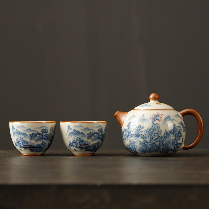 Bộ ấm chén trà Kung Fu hoa Ruyao nhỏ, một ấm bốn chén, dùng cho nhà ở, khách sạn, kiểu cổ điển Trung Hoa, màu xanh trắng.