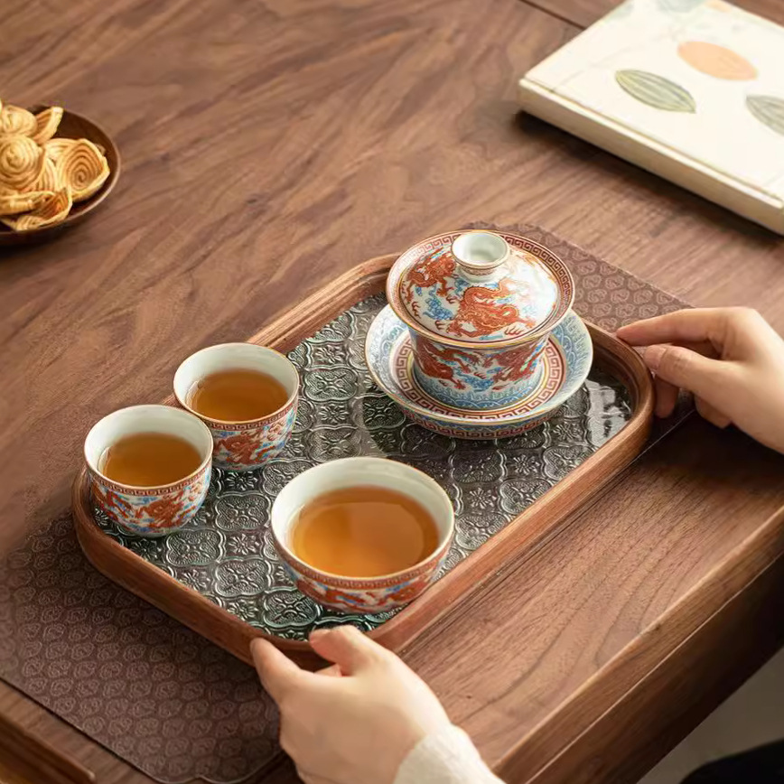 Dụng cụ pha trà bát có nắp ba tài hoa văn rồng Công Hồng dụng cụ pha trà dụng cụ pha trà công phu gốm sứ gia dụng
