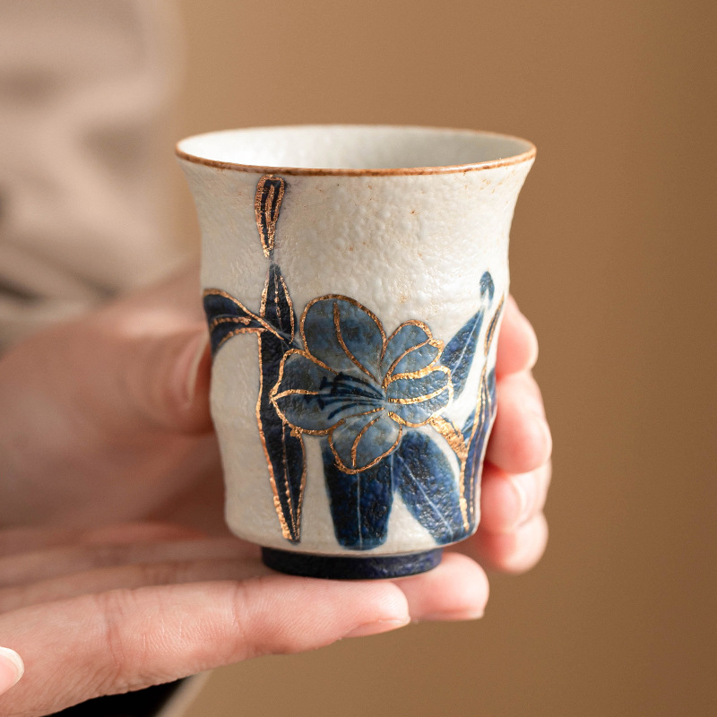 Cốc trà gốm đá lửa trắng xanh cốc chủ nhân cốc tre hoa huệ vẽ tay sơn vàng cốc trà gia dụng cao cấp cốc trà