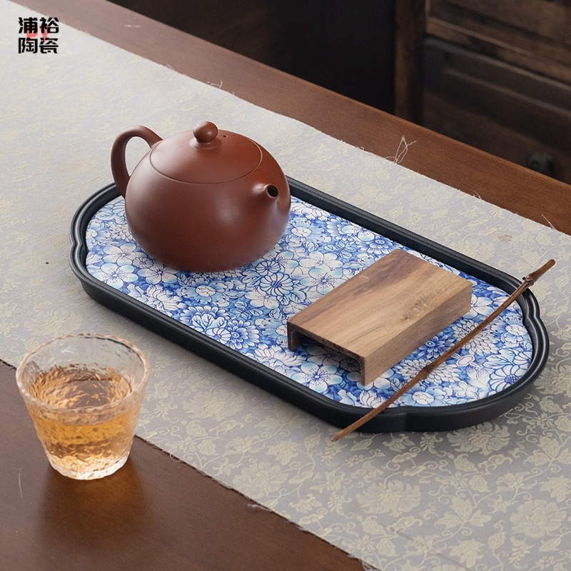 Khay trà xanh trắng cổ điển kiểu Trung Quốc Mới Bộ Trà Công Phu gốm sứ gia dụng đệm bình trà bàn pha khô hút nước loại nhỏ khay trà