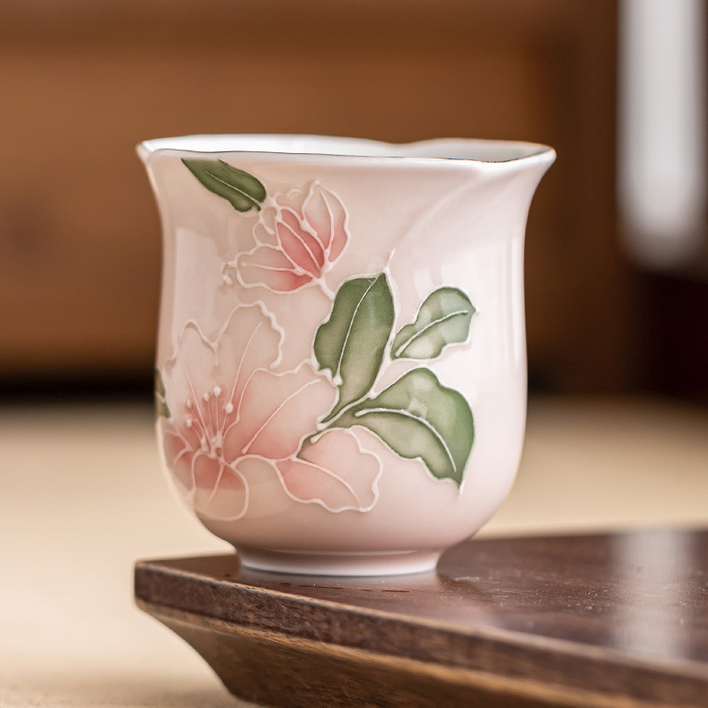 Cốc trà gốm hoa huệ hồng chạm khắc vẽ tay cốc chủ nhân cốc trà chuyên dụng cá nhân cốc trà cốc trà cao cấp retro