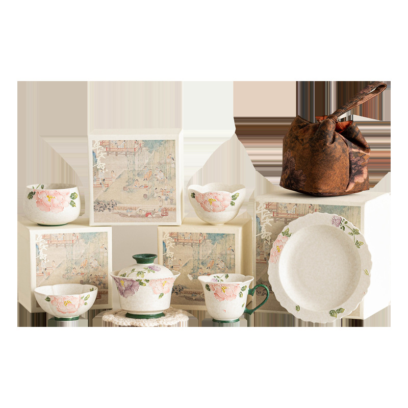 Bộ ấm trà Kung Fu màu trắng mỏ đá, cốc chủ nhân chạm khắc hoa mẫu đơn, cốc uống trà gia dụng có giá trị cao, cốc trà gốm sứ, cốc trà