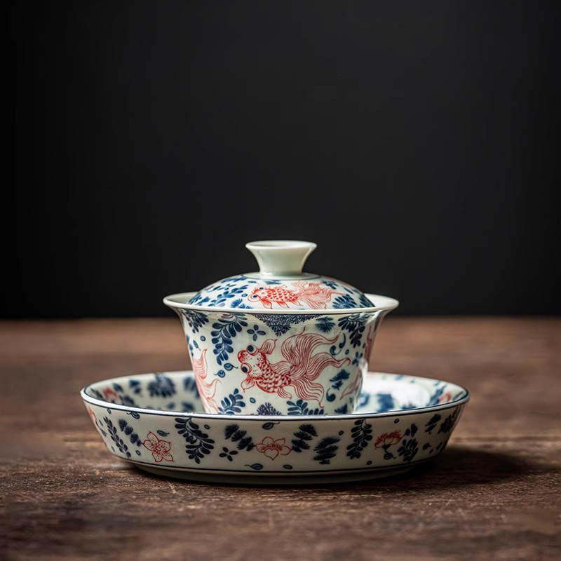 Bát có nắp ba tài gốm sứ, cốc trà, bát có nắp màu xanh và trắng, có thể lơ lửng dưới men, bát pha trà nổi, bộ trà cao cấp không nóng