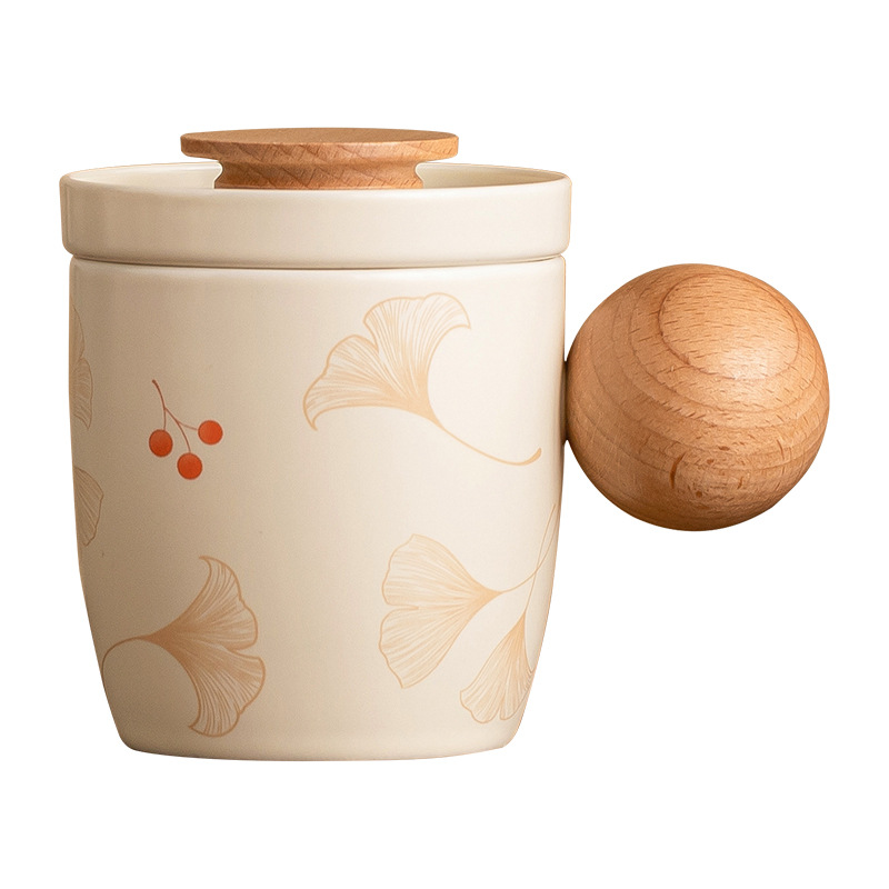Cốc mug bạch quả màu be có nắp bóng cốc văn phòng cốc tách nước trà gia dụng cốc nước gốm cốc trà đơn