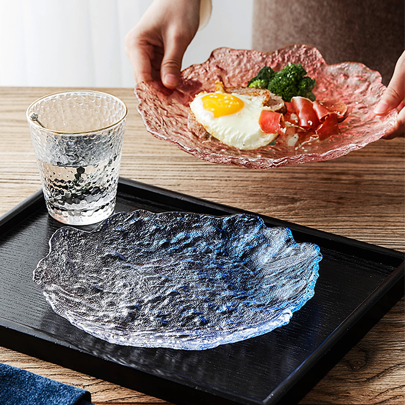 Đĩa thủy tinh sương đá thủ công Nhật Bản, đĩa đựng trái cây gia dụng, Đĩa đựng đồ ăn nhẹ, đĩa đựng trái cây khô sáng tạo, lót cốc trà