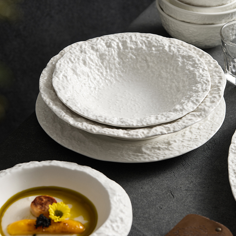 Bộ bát đĩa hoa văn đá Bộ bát đĩa tân gia sang trọng gia dụng Bộ bát đĩa gốm trắng