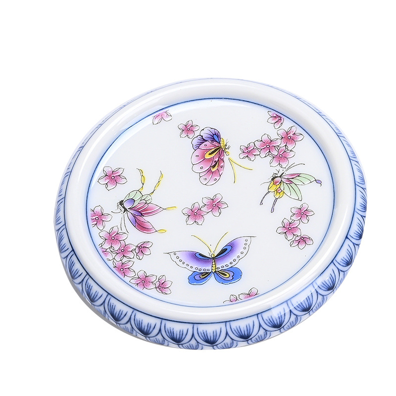 Nắp gốm cổ điển với họa tiết hoa văn màu xanh và trắng, nắp ấm trà cát tím, Tấm Lót cốc, bình nhỏ, Tấm Lót cốc