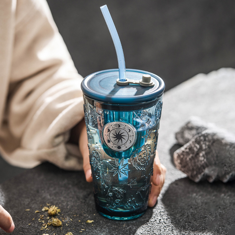 Cốc thủy tinh màu xanh mực có ống hút cốc nước trái cây cốc cà phê văn phòng gia dụng cốc nước nữ mẫu mới 2025 giá trị cao