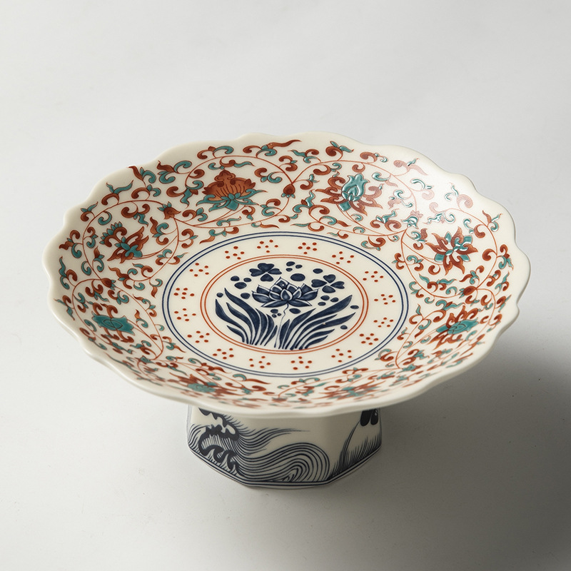 Đĩa trái cây chân cao gốm tráng men kiểu Trung Quốc mới, đĩa ăn nhẹ, đĩa trái cây, bàn trà phòng khách, đĩa ăn nhẹ gia dụng