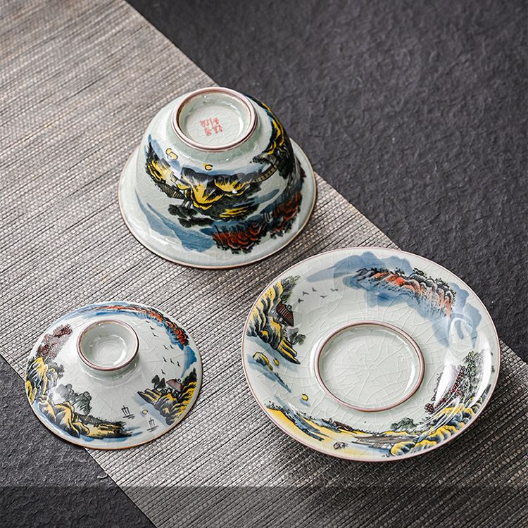 Bát có nắp màu xanh và trắng một chiếc bát tam tài Jingde cổ điển, bát trà lớn gốm sứ hình phong cảnh, dụng cụ pha trà gia dụng dung tích lớn