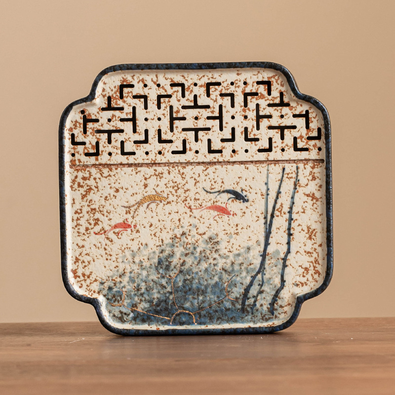 Ấm gốm đỏ đá lửa trắng xanh, bàn pha khô, vẽ tay vàng, khay trà cá koi vần sen vẽ tay, phụ kiện trà đạo