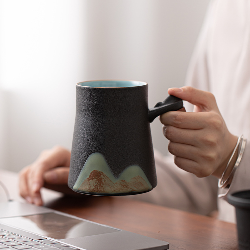 Cốc văn phòng Yuanshan Yunfu Cốc gốm sứ gia dụng có nắp lọc tách trà cốc uống nước dung tích lớn cốc trà