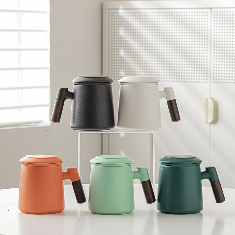 Cốc gốm sứ cốc tách nước trà Cốc văn phòng cá nhân tay cầm bằng gỗ dung tích lớn có nắp lót cốc lọc trà cốc cà phê