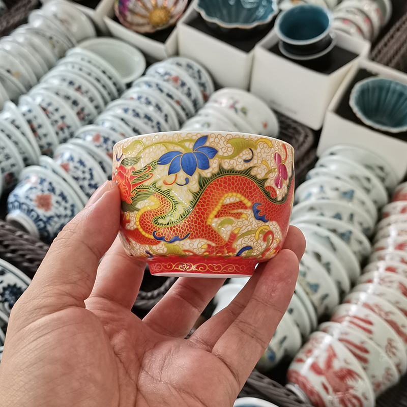 Cốc chủ nhân gốm sứ cao cấp Jingdezhen cốc men màu rồng phượng đôi tách trà bộ trà cặp đôi cốc trà cốc trà đơn