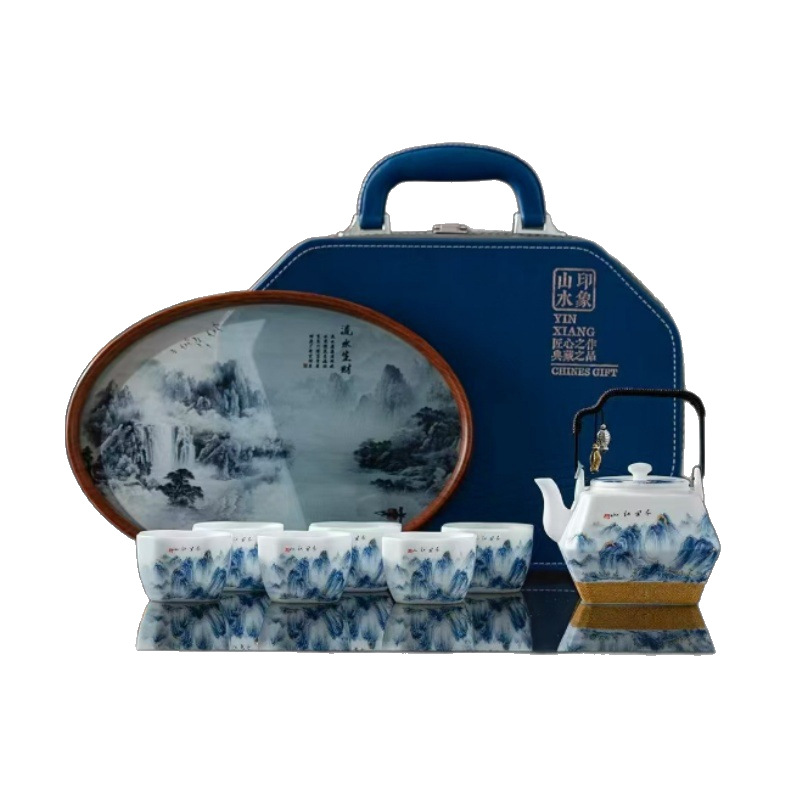Qianli Jiangshan Kung Fu Bộ trà underglaze màu chịu nhiệt độ cao công suất lớn ấm trà gốm khay trà du lịch bộ trà sang trọng quà tặng