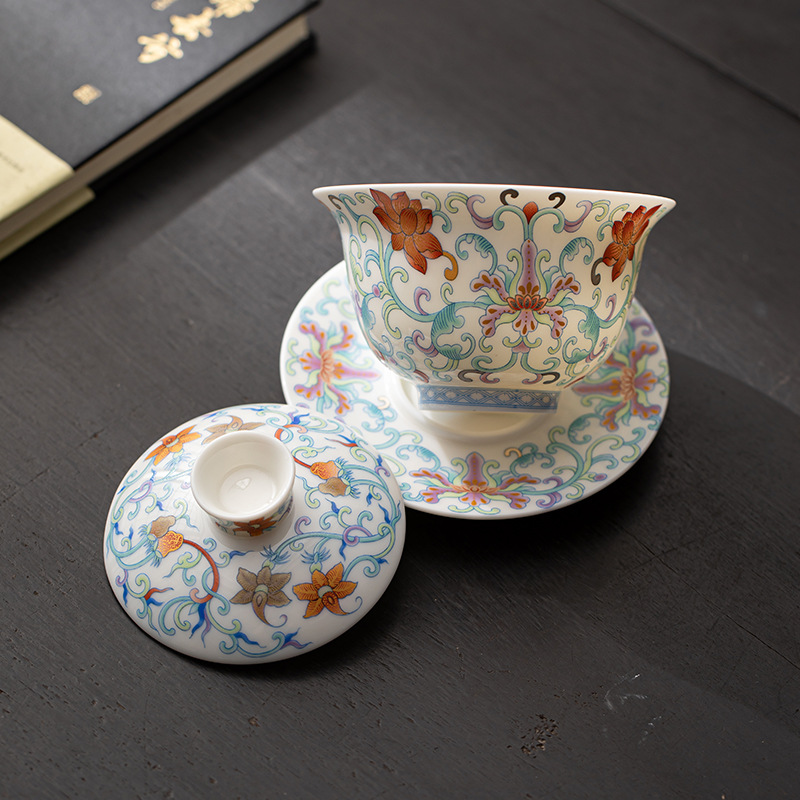 Bát có nắp tam tài sứ trắng Dehua cốc trà kính một chiếc lơ lửng bộ trà gốm sứ Kung Fu màu xanh và trắng nắp bát pha trà lơ lửng