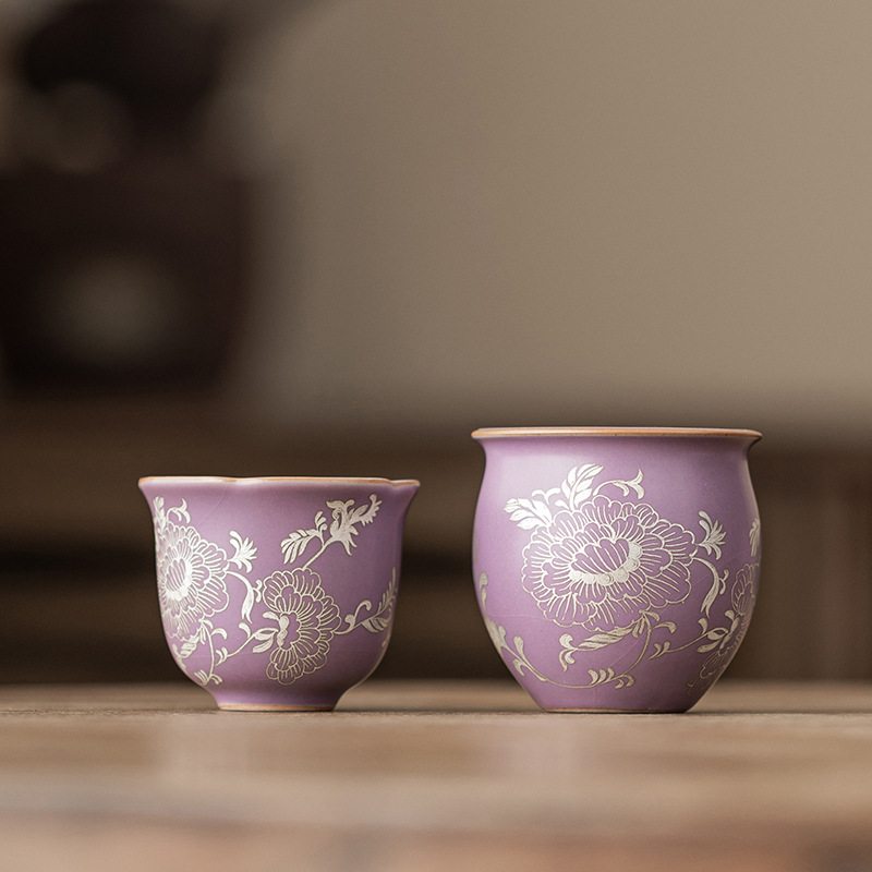 Tách trà hoa mẫu đơn bạc Ru tím Dehua, bộ ấm chén gốm sứ, tách khách, tách đơn, dành cho nữ, phong cách Kung Fu, dùng tại nhà
