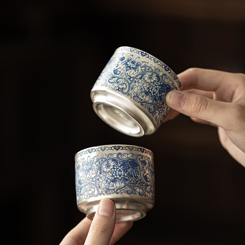Bộ cốc mạ bạc họa tiết hoa sen, cốc chủ, cốc trà, cốc trà cá nhân gia đình, cốc trà gốm, bộ trà Kung Fu
