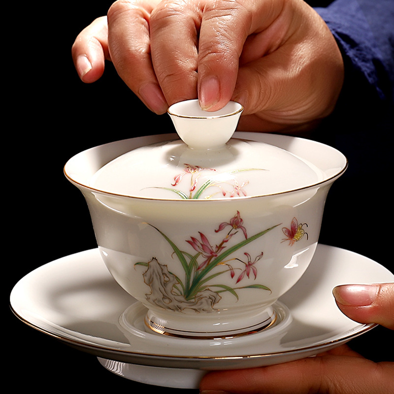 Bộ trà gia dụng ngọc bích mỡ cừu sứ trắng Đức Hoa Bộ trà pha trà cỡ lớn Bộ quà tặng