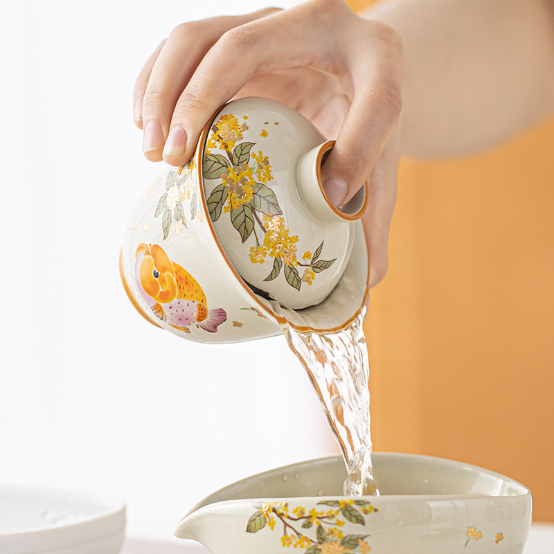 Bát có nắp hai cá osmanthus vàng xám thực vật phong cách quốc gia Bộ trà Kung Fu gốm sứ gia dụng Bát pha trà Trung Quốc Bát trà