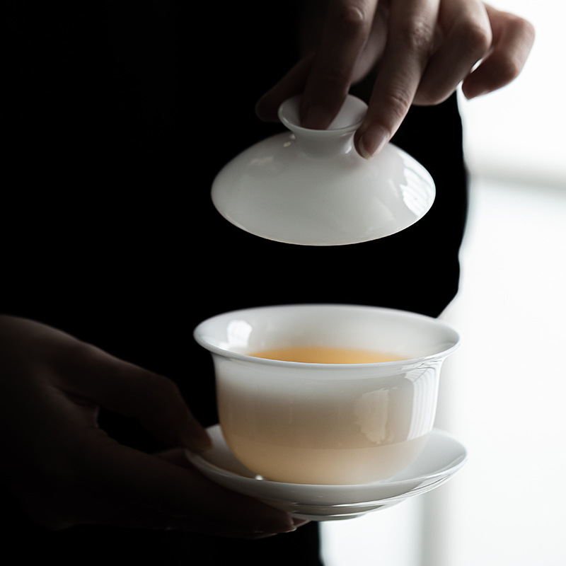 Bát có nắp tròn bằng sứ ngọc bích loại đá bát có nắp bằng gốm sứ thủ công Cốc pha trà Bát tam tài Bát trà gia dụng Hộp quà tặng