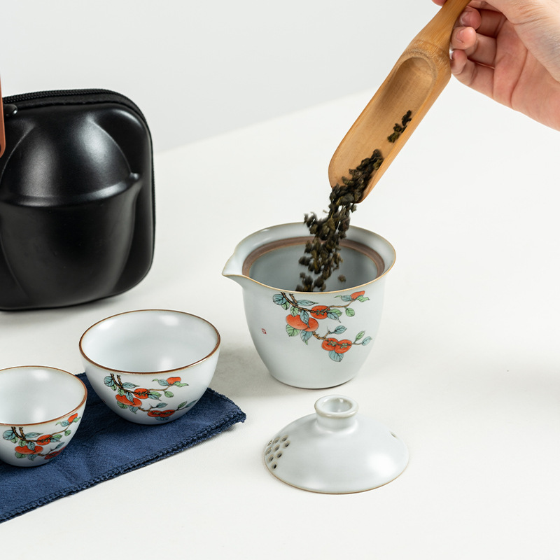 Bộ ấm trà du lịch Lò nung quả hồng Heshantang, túi đựng đồ xách tay, ấm trà đi kèm, cốc nhanh, một ấm ba cốc