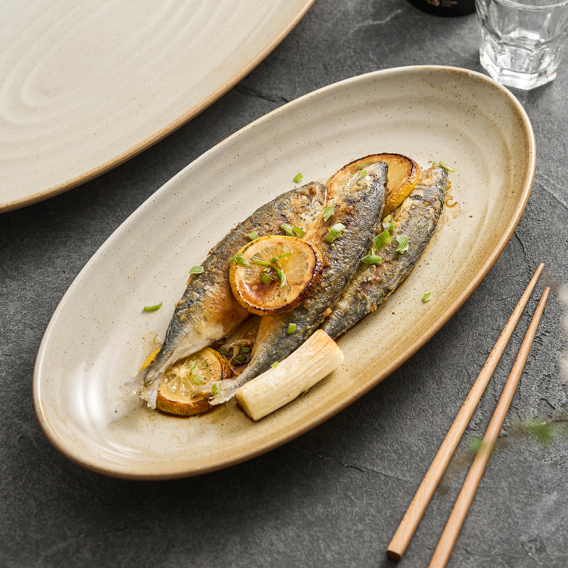 Đĩa cá gốm thô, đĩa hình bầu dục gia dụng, đĩa sâu sáng tạo, đĩa kiểu Trung Quốc cổ điển, đĩa hấp cá có ren cao cấp, đĩa hình Dan