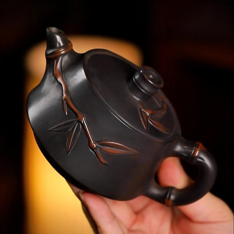 Ấm pha trà gốm tím một ấm hai chén ấm trà gia dụng ấm tre bộ trà Trung Quốc cao cấp sang trọng nhẹ bộ bao bì hộp quà tặng