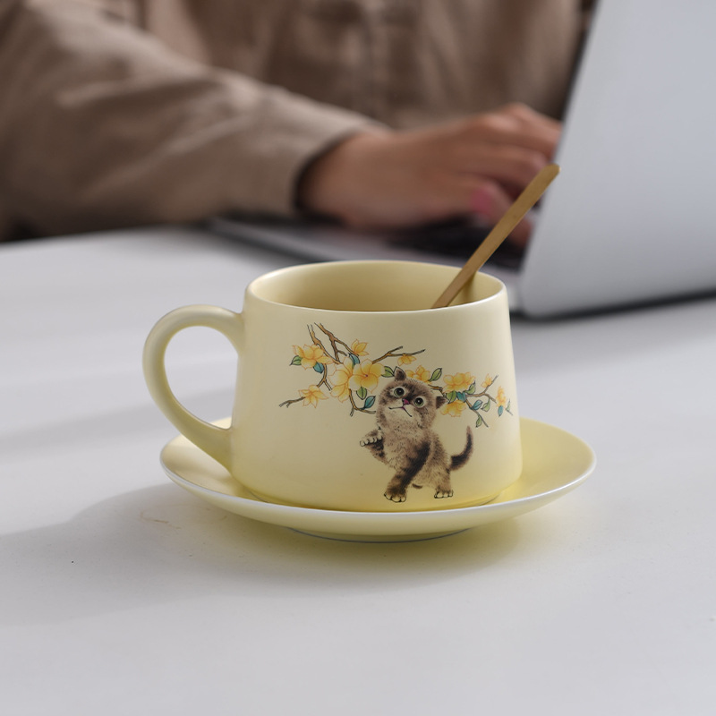 Cốc cà phê gốm sứ mèo dễ thương vẽ tay cốc nước chuyên dụng cá nhân gia dụng văn phòng cốc cốc trà chiều bộ đĩa