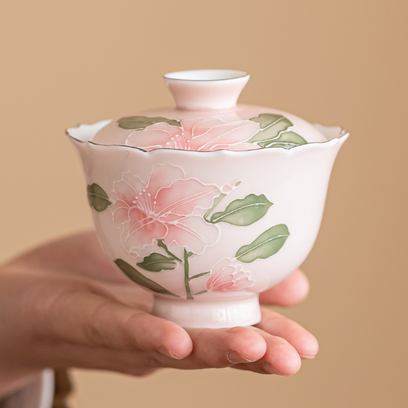 Bát trà cá nhân họa tiết hoa huệ hồng chạm khắc thủ công, dành cho nữ, bộ ấm trà gia dụng tinh tế có nắp