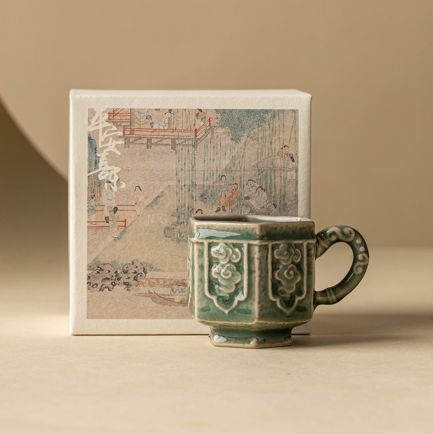 Nhà máy Yue Kiln Celadon Kung Fu Teac's Teacup Teacup Master Teacup Bộ trà gốm Thanh Vân Vân Tay cầm Lục giác Teacup Teacup Teacup Teacup