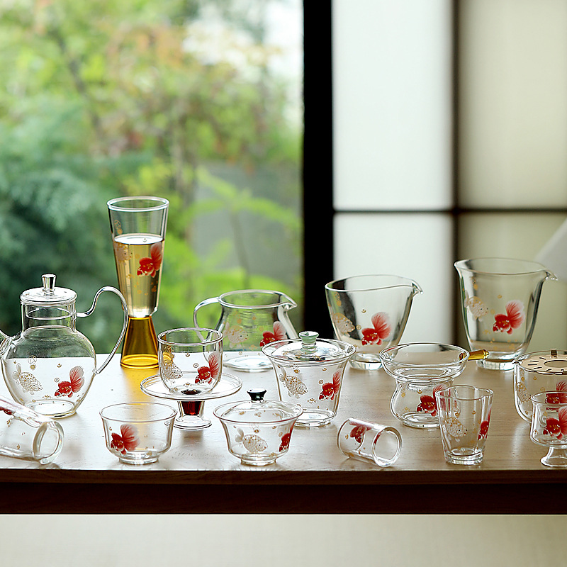 Bộ ấm chén trà Kung Fu bằng thủy tinh borosilicat cao cấp, họa tiết thủ công, màu xanh lá cây, kèm chén uống trà nhanh.