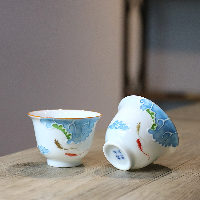 Chén trà vẽ tay nổi chén trà sứ trắng ngọt chén chén trà chén chén chủ nhân bộ trà kungfu văn phòng gia dụng