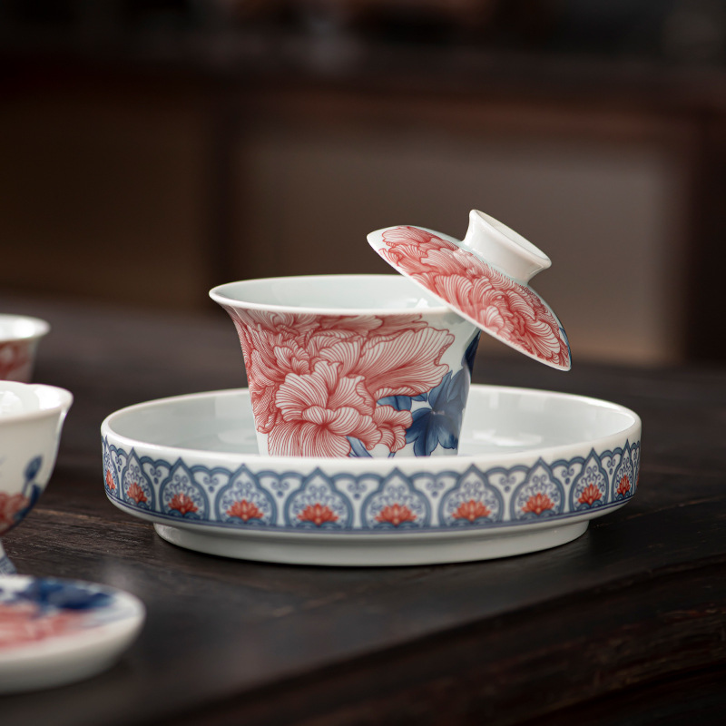 Bộ ấm trà sứ trắng xanh, cốc trà Kung Fu, bát có nắp treo, bát pha trà đơn gốm sứ tiếp khách gia dụng