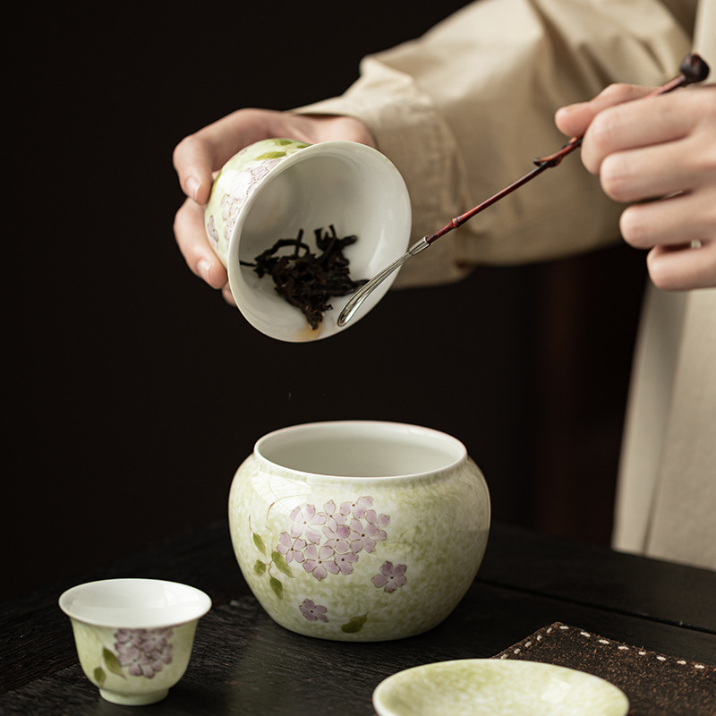 Hoa cẩm tú cầu vẽ tay hộp quà Jianshui gốm sứ gia dụng thùng đựng bã trà thùng đựng nước rửa trà kiểu Trung Quốc phụ kiện trà đạo