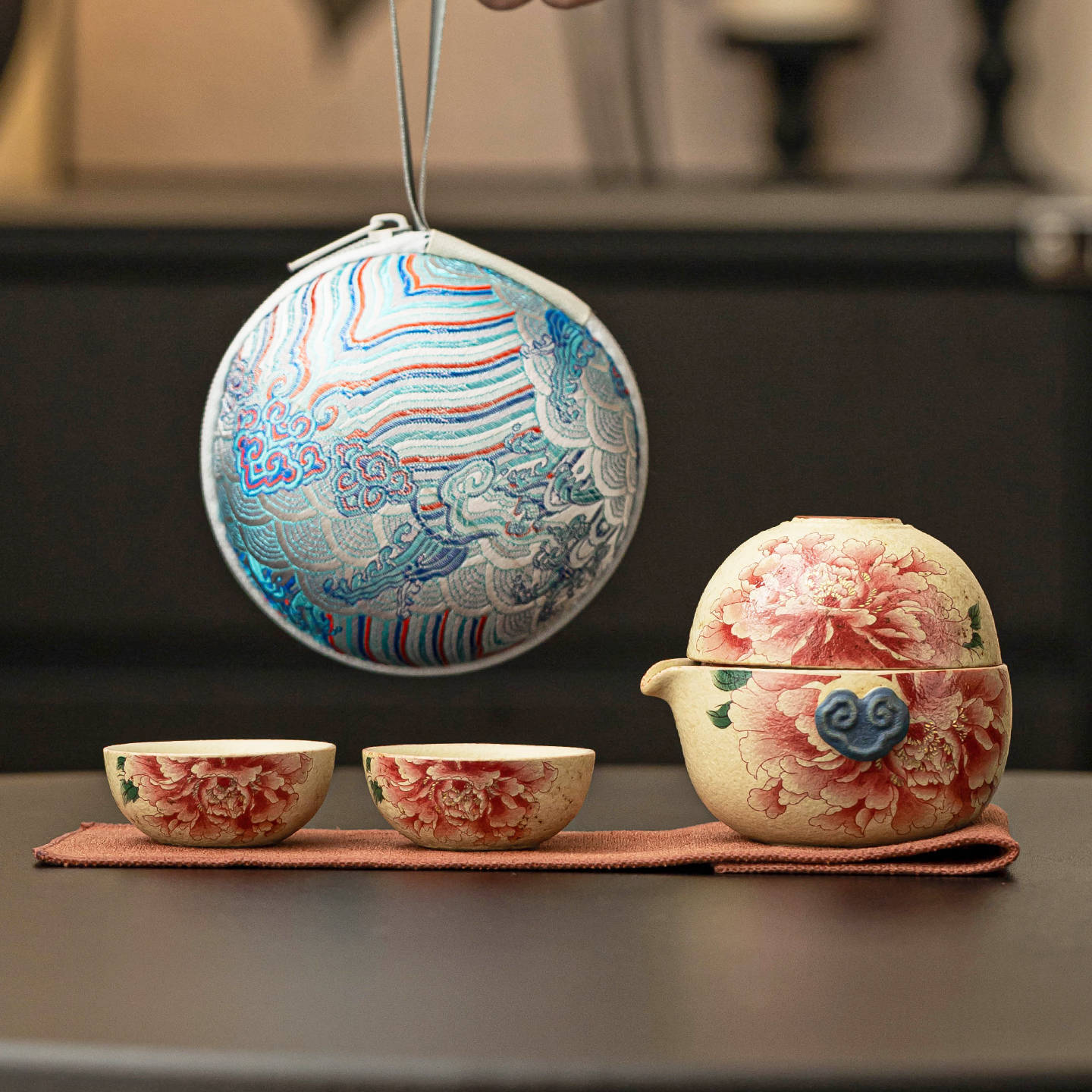 Bộ trà du lịch đá lửa trắng xanh bộ trà di động một ấm ba cốc thiết bị uống trà cắm trại ngoài trời cốc khách nhanh