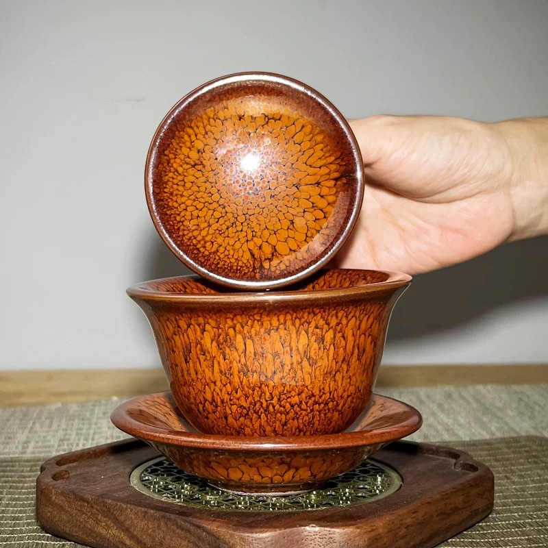 Cô giáo tài năng cao cấp tráng men đầy đủ trang điểm bát ba tài năng một bát có nắp đậy bát trà bộ dụng cụ trà Kung Fu
