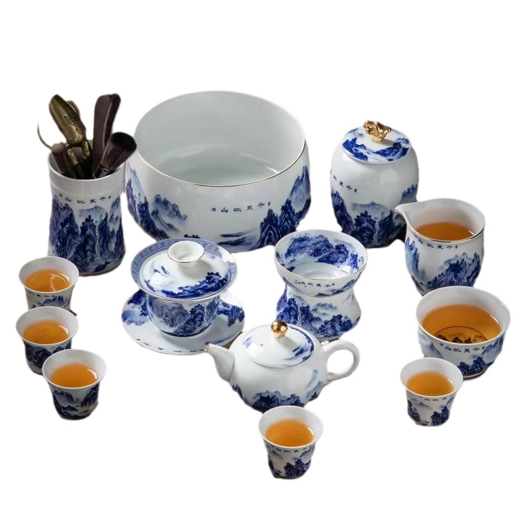 Bộ ấm trà Kung Fu màu xanh và trắng Jingdezhen, ấm trà có nắp gia dụng cổ, tách trà văn phòng, hộp quà