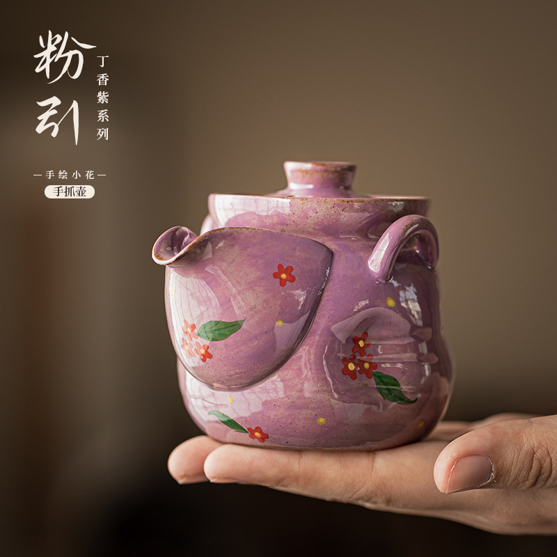 Pink Yin Lilac tím vẽ tay hoa nhỏ gốm sứ Xiangyun cầm tay bình kho báu bình trà tay chống bỏng bình đơn bộ trà Kung Fu