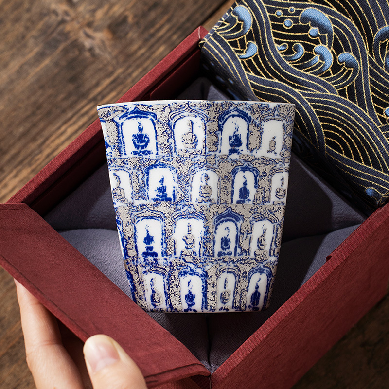 Bộ ấm trà hình ngũ giác ngàn phật mạ bạc xanh trắng, quà sinh nhật nam nữ lãnh đạo người lớn tuổi, quà lưu niệm khách hàng