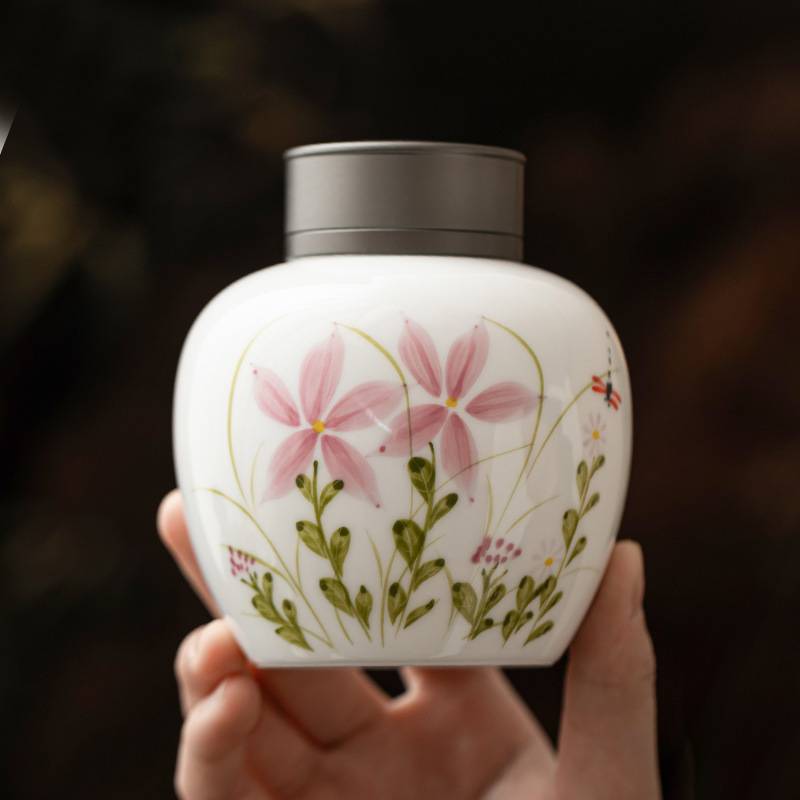 Hộp đựng trà bằng gốm sứ vẽ tay, hộp đựng trà cao cấp, hộp đựng trà cầm tay cỡ nhỏ, hộp đựng trà