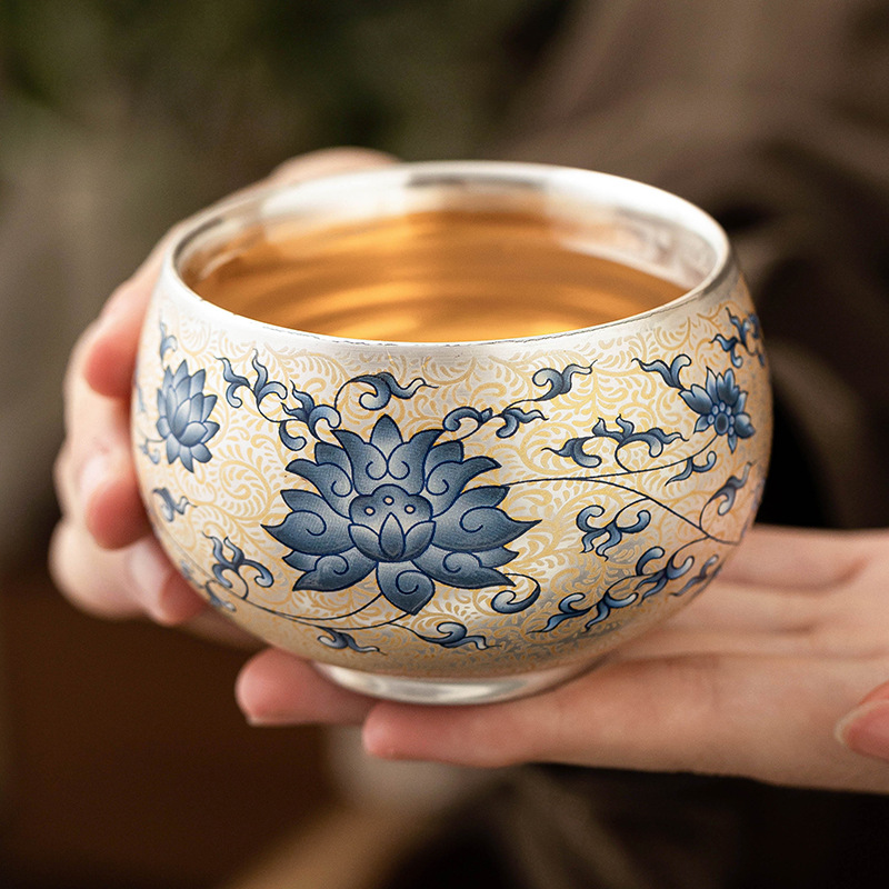 Hoa sen màu xanh và trắng vần mạ bạc cốc La Hán cốc chủ nhân gốm sứ cốc trà Kung Fu tách trà chén trà chén trà bộ trà sang trọng nhẹ chén trà