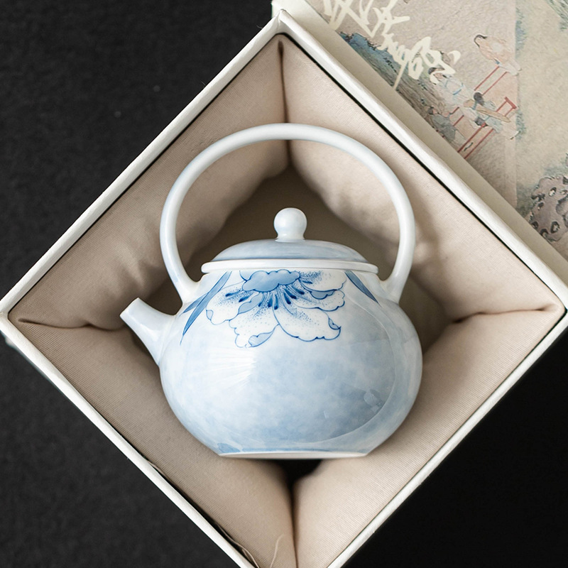 Ấm trà nhỏ tinh xảo màu xám thực vật, ấm trà hoa huệ xanh vẽ tay, bộ trà gia dụng kiểu Trung Quốc, hộp quà một chiếc