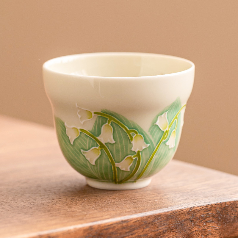 Vẽ tay đống chạm khắc hoa lan chuông mũ cốc chủ nhân cốc đơn cốc trà Kung Fu cốc trà gốm sứ Trung Quốc cốc trà cốc trà