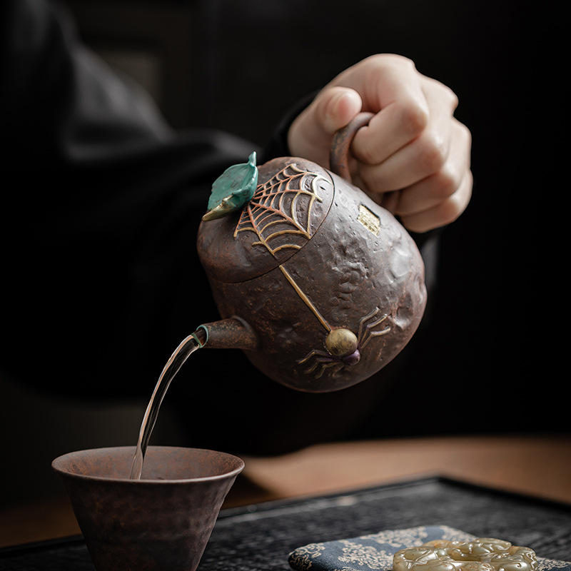 Ấm trà nhện bùn đá cổ dụng cụ pha trà kungfu cổ điển văn phòng gia dụng ấm trà gốm sứ ấm đơn hộp quà