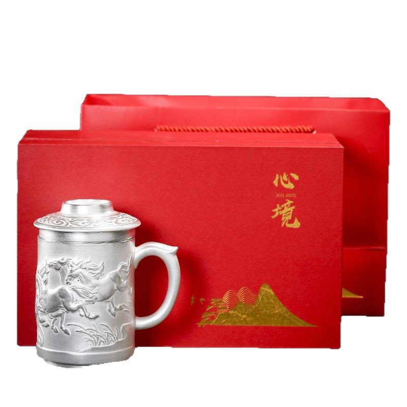 Cốc nước rồng phượng bạc thủ công cao cấp có nắp lọc trà tách sứ mạ bạc cá nhân trà văn phòng gia dụng