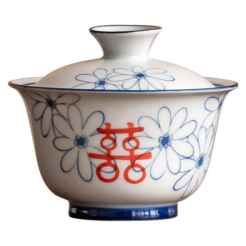 Bát có nắp tinh xảo màu xám thực vật, bát pha trà đôi hạnh phúc cúc họa mi vẽ tay, cốc trà gia dụng có nắp, bộ trà Kung Fu cỡ nhỏ