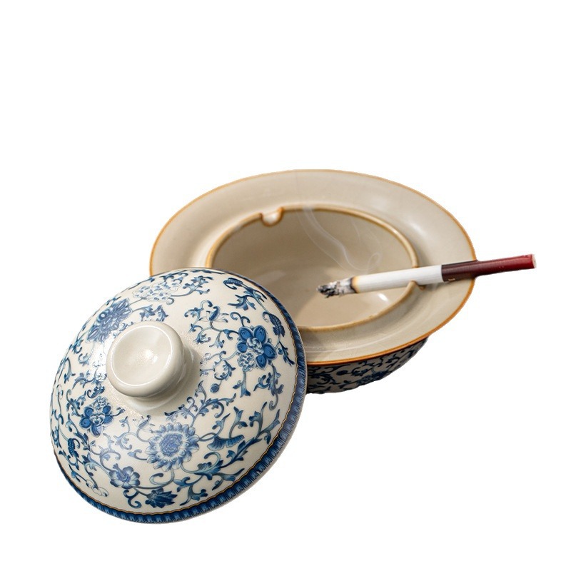 Ru Kiln Xanh Trắng Sen Gốm Gạt Tàn Nhà Phòng Khách Có Nắp Chống Bay Gạt Tàn Trang Trí Trung Quốc Cao Cấp