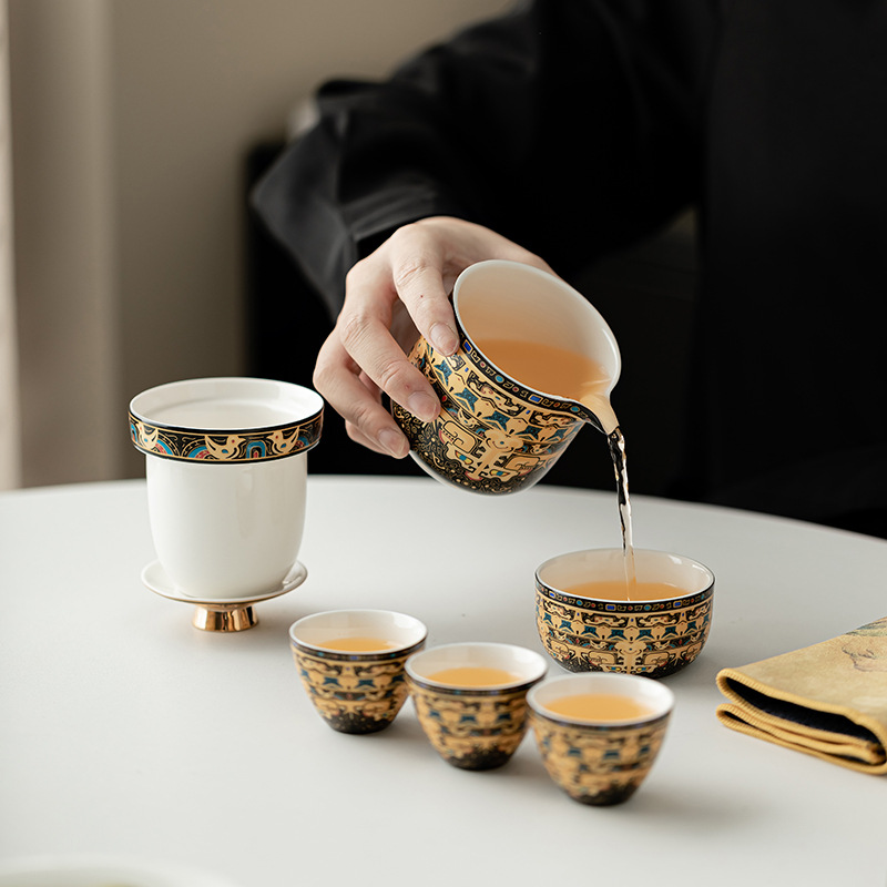 Bộ trà du lịch Thangka gốm cổ điển Bộ trà lọc cốc khách di động ngoài trời một ấm bốn cốc