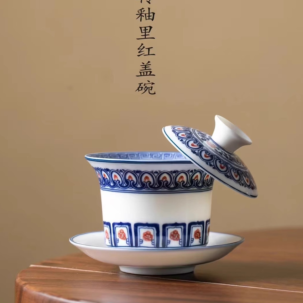 Bát có nắp di chuột bằng gốm sứ cỡ lớn Bộ trà sứ trắng Đức Hoa cao cấp không nóng bát pha trà tám báu